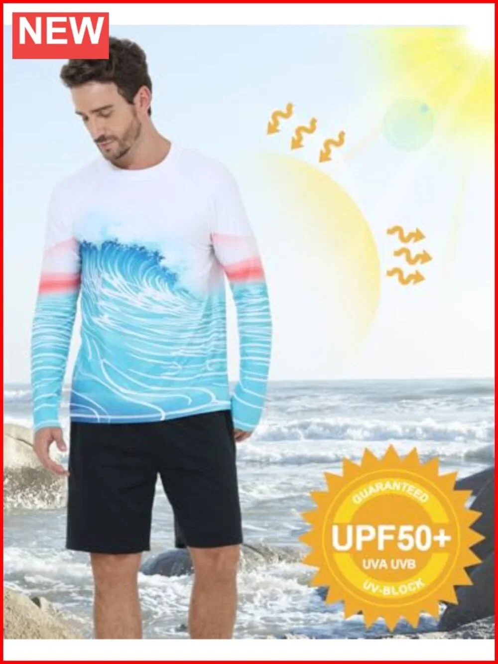 Men's UPF 50+ Long Sleeve Rash Guard Swim Shirt Quick Dry 4-Way Stretch
